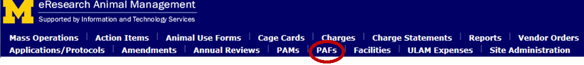 PAFs option displays in top blue banner of workspaces