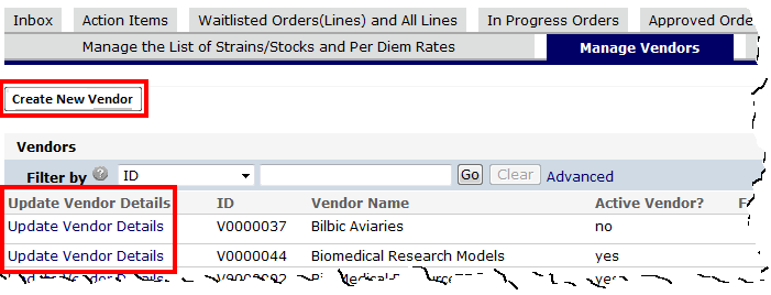 manage vendors tab with create new vendor button at top-left of page.
