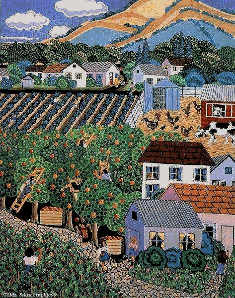 rural village with mountains and orange trees