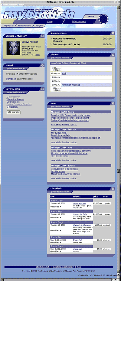 screenshot of my.umich home as of10/6/00 during beta testing
