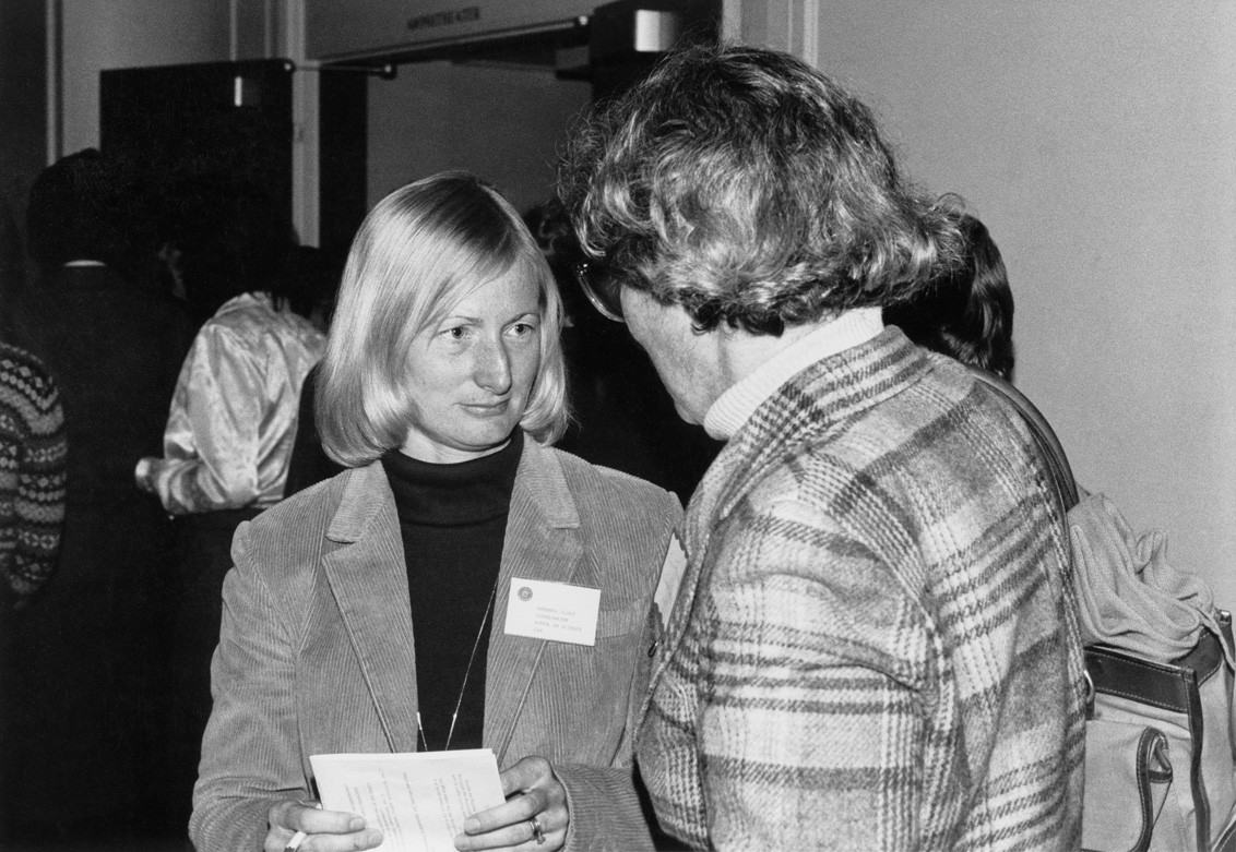 Barbara Sloat talking to Joyce Friedman (Computer Science Dept.) at the “Image and Professionalism: Issues for Women In Science” conference