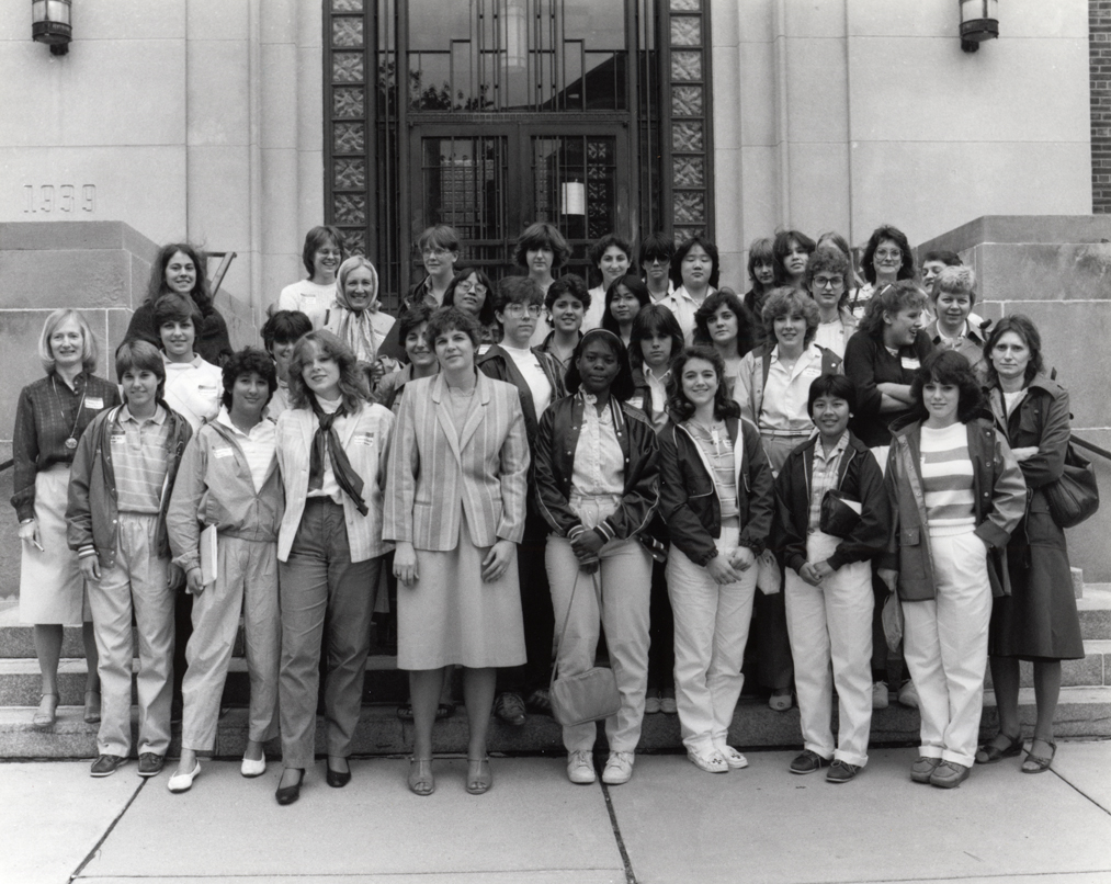 Science Day on Campus, including Barbara Sloat on far left, second row, 1984