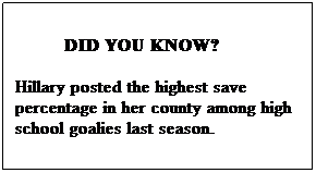 Text Box:          DID YOU KNOW?

Hillary posted the highest save percentage in her county among high school goalies last season. 
