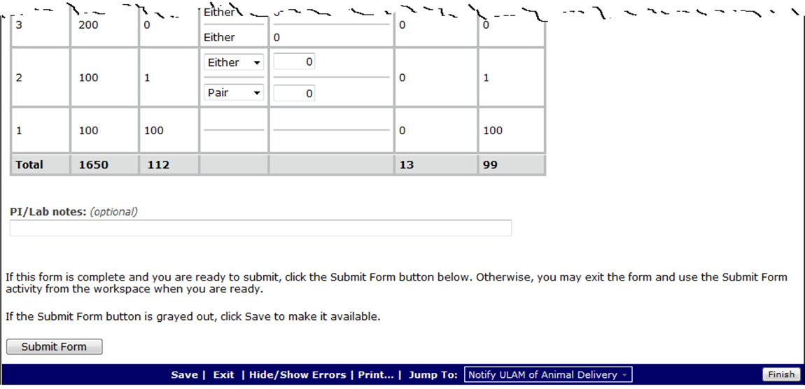 Submit Form button displays at bottom of animal use form.