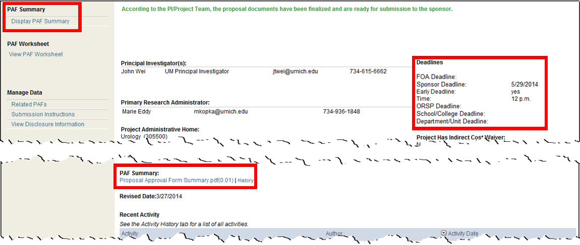 PAF submission deadlines displayed in PAF workspace and links to PAF summaries