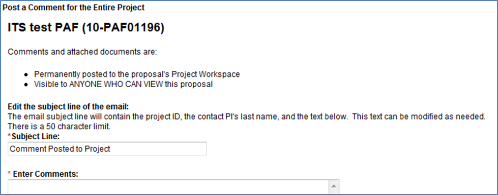 post a comment to entire project activity window
