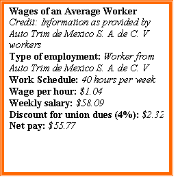 Text Box: Wages of an Average Worker
Credit: Information as provided by Auto Trim de Mexico S. A. de C. V workers
Type of employment: Worker from Auto Trim de Mexico S. A. de C. V
Work Schedule: 40 hours per week
Wage per hour: $1.04
Weekly salary: $58.09
Discount for union dues (4%): $2.32
Net pay: $55.77



